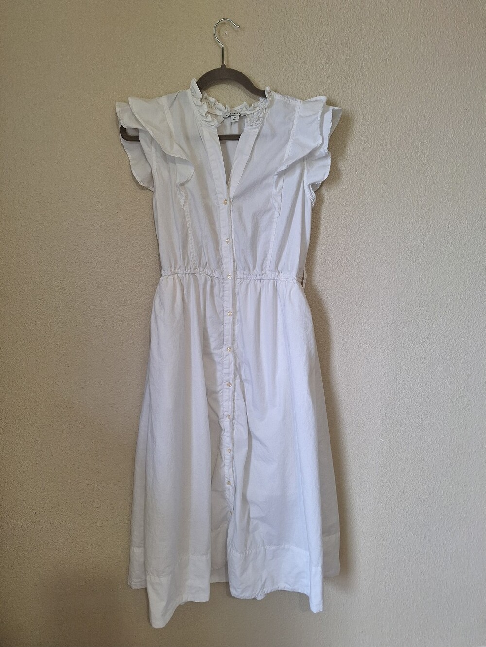 Light Weight White Cotton Button Midi Dress M Pockets Lined Boho Cottagecore